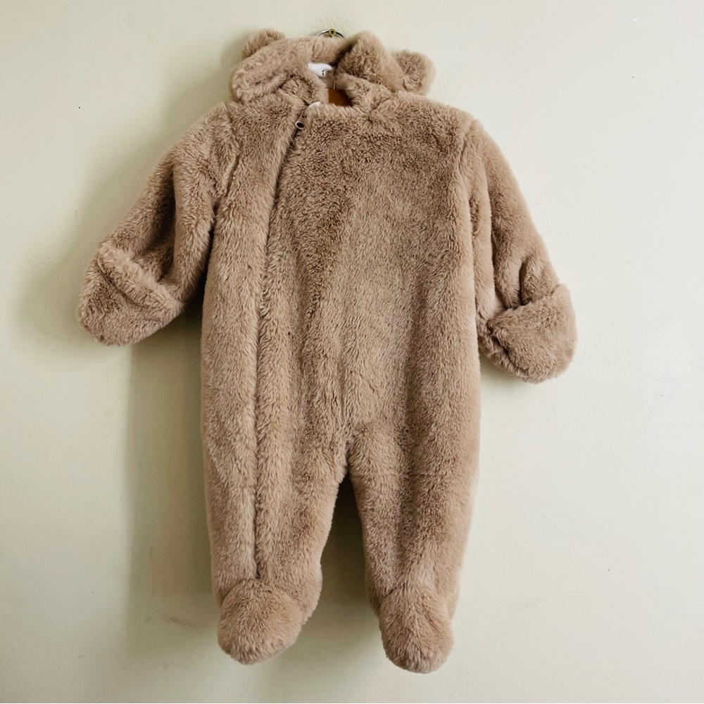 First Wish Bear Hooded Fuzzy Bunting Suit Tan Sherpa 6–9M, Foldover Mitts Lined